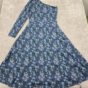 Pact Floral Midi Dress Large Blue Watercolor Fit Flare One Shoulder Cottage